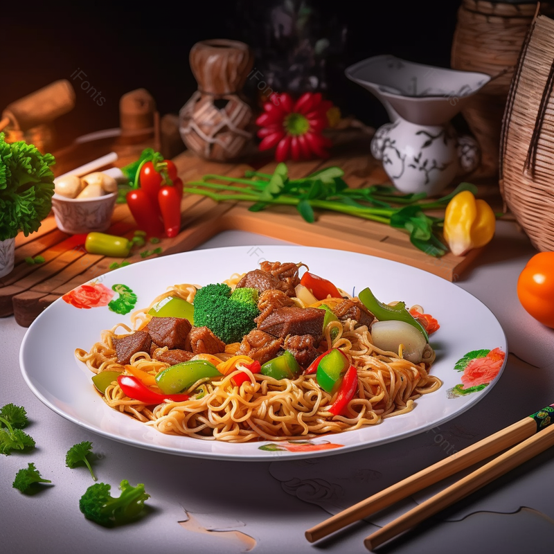 健康营养蔬菜肉丁炒面条实拍图,高清,摄影图,摄影图片,图片大全,摄影图免费下载